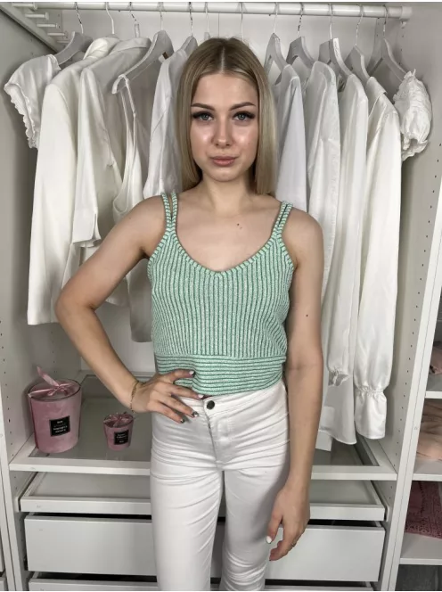 New Look (S) Zöld-Fehér Csíkos, Dupla Pántos Gépikötött Felső