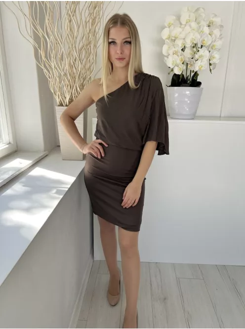 (S-M méretben) Khaki Dupla Anyagú Félvállas Ruha