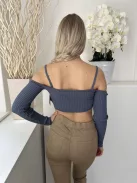 Zara (S) Borongóskék Pántos, Bordázott Rövid Fazon Felső