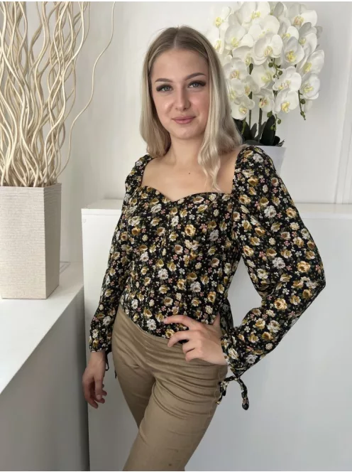 TopShop (S) Fekete Virágmintás Oldalt Cipzáros Felső