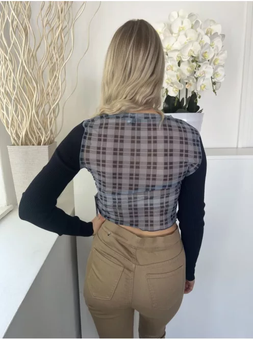 Zara (S) Kék Áttetsző, Kereknyakú Kockás, Rövid Fazon Felső