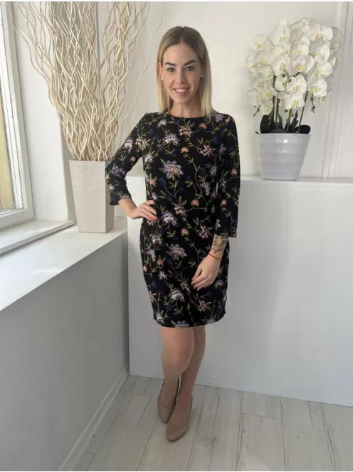 H&M (M) Fekete Virágmintás Kereknyakú, Hátul Nyakban Gombos Ruha