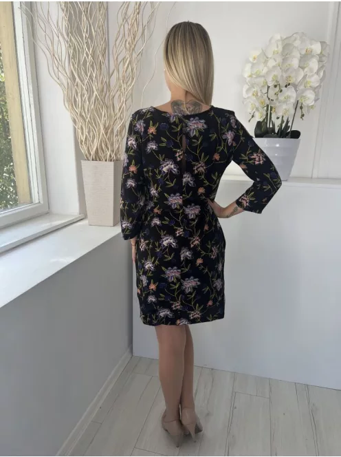 H&M (M) Fekete Virágmintás Kereknyakú, Hátul Nyakban Gombos Ruha