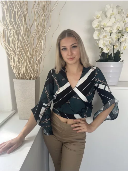 River Island (S) Zöld Lánc Mintás, Hátul Derékban Megkötős V-Kivágású, Rövid Fazon, Tölcsérujjú Felső