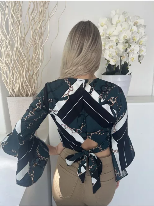 River Island (S) Zöld Lánc Mintás, Hátul Derékban Megkötős V-Kivágású, Rövid Fazon, Tölcsérujjú Felső