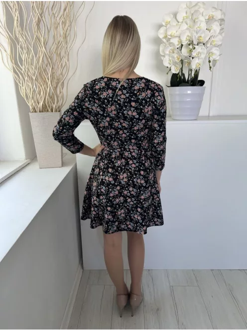 H&M (M) Fekete Apró Virágmintás Kereknyakú Ruha