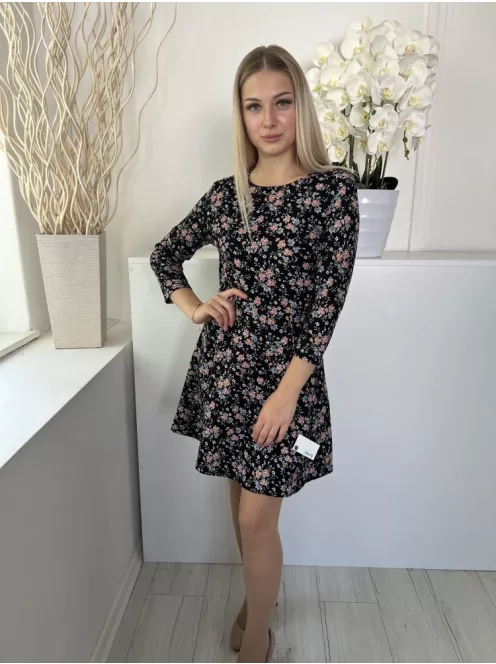 H&M (M) Fekete Apró Virágmintás Kereknyakú Ruha