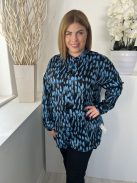 Vero Moda (M) Fekete Kék Foltmintás, Fényes Anyagú Elöl Végig Gombos Felső