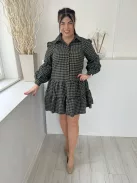 River Island (M) Zöld Fekete Kockás, Mellnél Gombos Fodros Aljú, Buggyos Ujjú Ruha