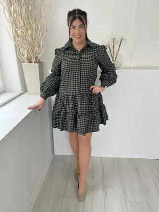   River Island (M) Zöld Fekete Kockás, Mellnél Gombos Fodros Aljú, Buggyos Ujjú Ruha