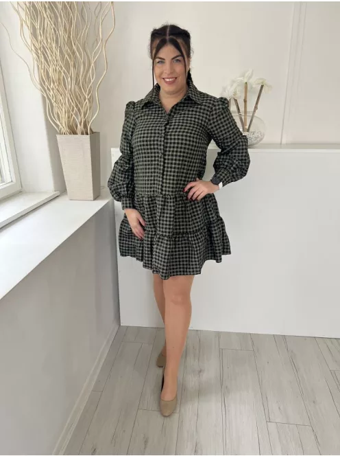 River Island (M) Zöld Fekete Kockás, Mellnél Gombos Fodros Aljú, Buggyos Ujjú Ruha