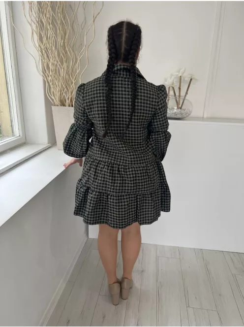 River Island (M) Zöld Fekete Kockás, Mellnél Gombos Fodros Aljú, Buggyos Ujjú Ruha