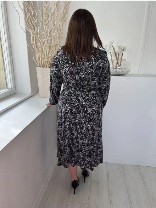 Wallis (L) Fekete Fehér Foltmintás, V Kivágású Gumis Ujjvégű Ruha