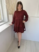 Dunnes (M) Fekete Piros Apró Virágos, Kerek Nyakú Fodros Aljú, Gumis Ujjvégű Ruha