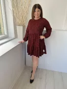 Dunnes (M) Fekete Piros Apró Virágos, Kerek Nyakú Fodros Aljú, Gumis Ujjvégű Ruha