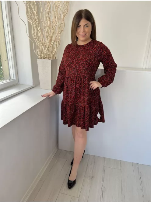 Dunnes (M) Fekete Piros Apró Virágos, Kerek Nyakú Fodros Aljú, Gumis Ujjvégű Ruha