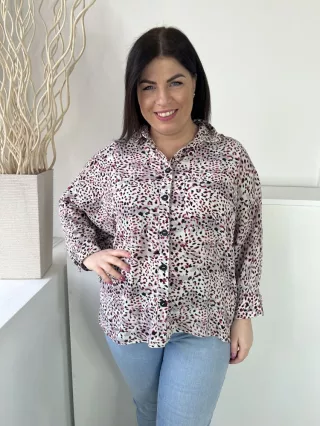   Primark (M) Fehér-Kékeslila Fekte-Pink Foltmintás Elől Végig Gombos, Galléros Felső