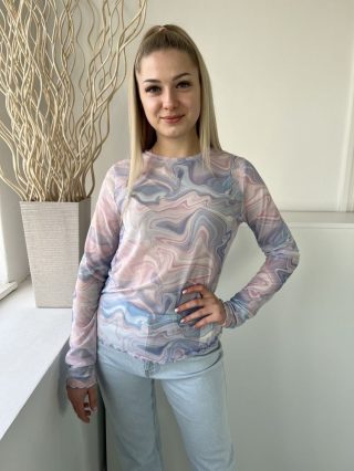   Primark (S) Kék-Rózsaszín-Fehér Márvány Mintás, Hálós Anyagú Fodros Aljú, Kerek Nyakú Felső