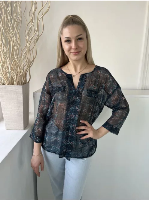 ÚJ Vero Moda (M) Sötétkék Színes Mintás, Enyhén Áttetsző Díszzsebes, V Kivágású Felső