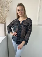 ÚJ Vero Moda (M) Sötétkék Színes Mintás, Enyhén Áttetsző Díszzsebes, V Kivágású Felső