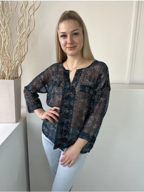 ÚJ Vero Moda (M) Sötétkék Színes Mintás, Enyhén Áttetsző Díszzsebes, V Kivágású Felső