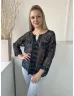   ÚJ Vero Moda (M) Sötétkék Színes Mintás, Enyhén Áttetsző Díszzsebes, V Kivágású Felső