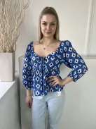 New Look (M) Kék Fehér-Fekete Mintás, 100% Pamut Hátul Darázsolt, Mellnél Megkötős Felső