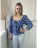   New Look (M) Kék Fehér-Fekete Mintás, 100% Pamut Hátul Darázsolt, Mellnél Megkötős Felső