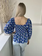 New Look (M) Kék Fehér-Fekete Mintás, 100% Pamut Hátul Darázsolt, Mellnél Megkötős Felső