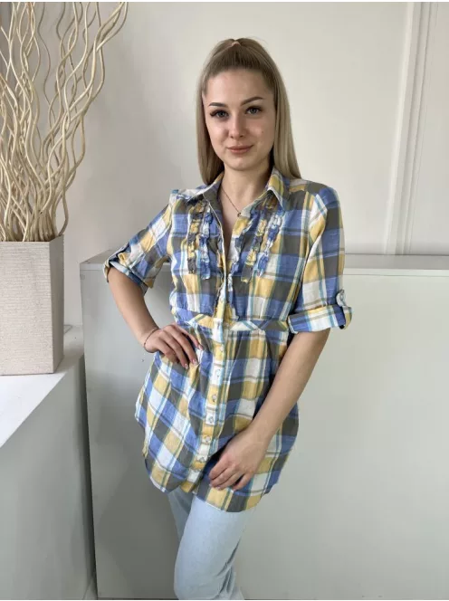 ÚJ Dunnes (M) Kék-Sárga-Fehér Kockás, Derékban Összehúzahtó, Megkötős 1000% Pamut, Galléros Felső