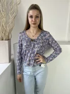 Primark (M) Kék Színes Virágos, Anyagában Csíkos Mellnél Díszmegkötős Felső