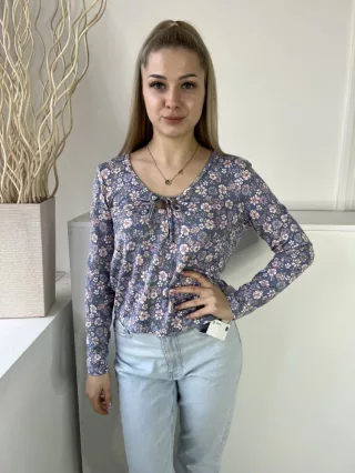   Primark (M) Kék Színes Virágos, Anyagában Csíkos Mellnél Díszmegkötős Felső