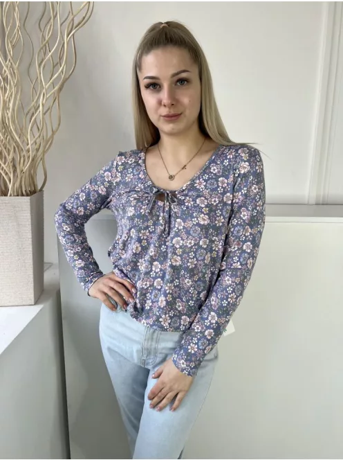 Primark (M) Kék Színes Virágos, Anyagában Csíkos Mellnél Díszmegkötős Felső