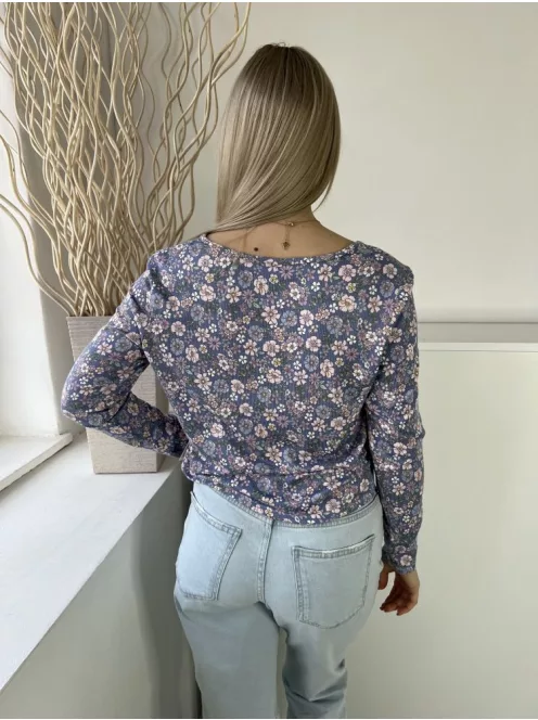 Primark (M) Kék Színes Virágos, Anyagában Csíkos Mellnél Díszmegkötős Felső