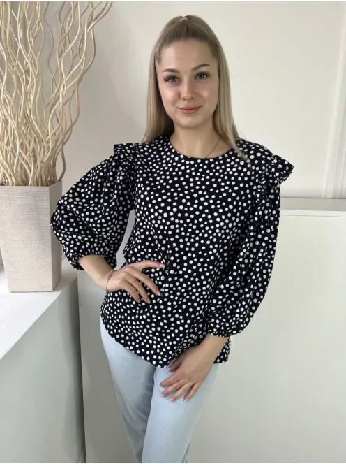 TU (M) Sötétkék Fehér Pöttyös, Buggyos Ujjú Fodros Vállú, Gumis Ujjvégű Felső