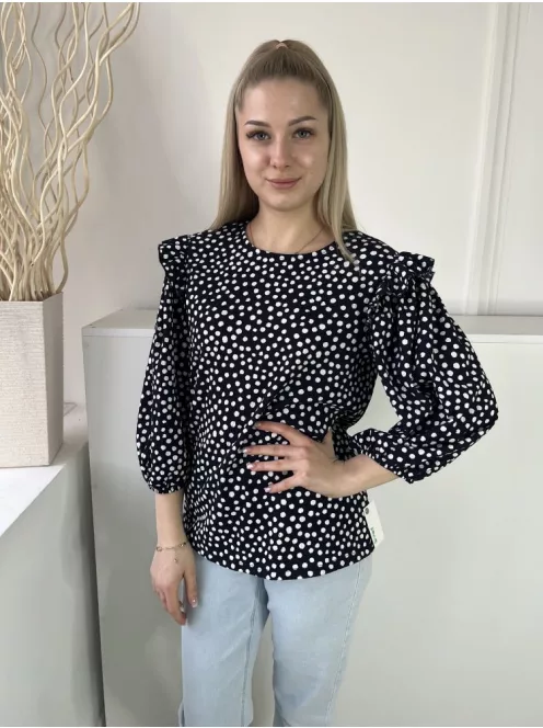 TU (M) Sötétkék Fehér Pöttyös, Buggyos Ujjú Fodros Vállú, Gumis Ujjvégű Felső
