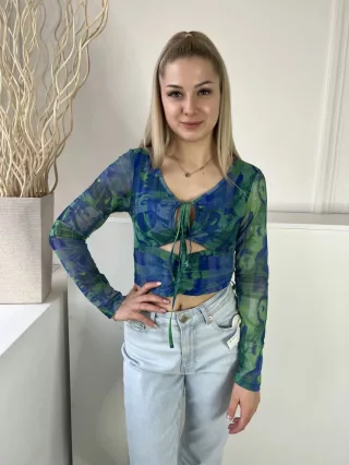   Primark (M) Kék-Zöld Márvány Mintás, Hálós Anyagú Mellnél Megkötős Felső