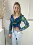 Primark (M) Kék-Zöld Márvány Mintás, Hálós Anyagú Mellnél Megkötős Felső
