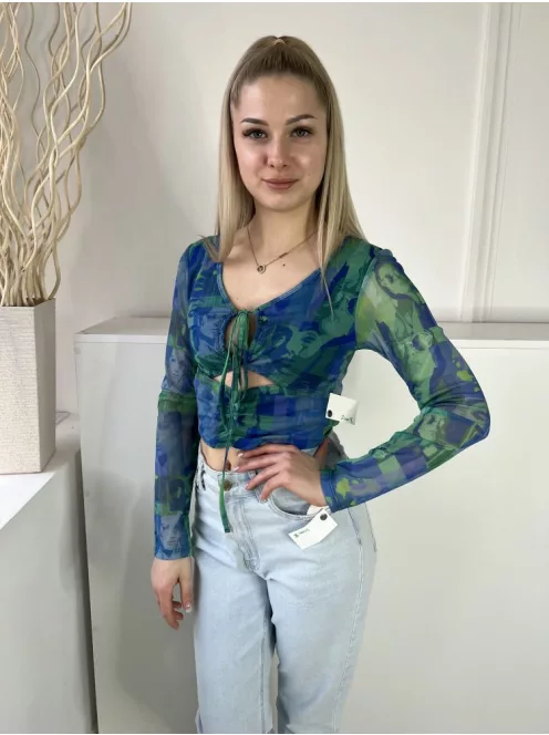 Primark (M) Kék-Zöld Márvány Mintás, Hálós Anyagú Mellnél Megkötős Felső