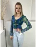   Primark (M) Kék-Zöld Márvány Mintás, Hálós Anyagú Mellnél Megkötős Felső