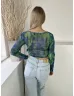   Primark (M) Kék-Zöld Márvány Mintás, Hálós Anyagú Mellnél Megkötős Felső