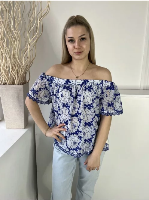 Karen Millen (M) Fehér Kék Mintás, Ejtett Gumis Vállú Hímzett Szegélyes Felső