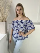 Karen Millen (M) Fehér Kék Mintás, Ejtett Gumis Vállú Hímzett Szegélyes Felső