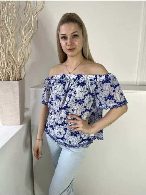 Karen Millen (M) Fehér Kék Mintás, Ejtett Gumis Vállú Hímzett Szegélyes Felső