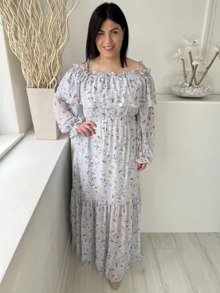   ÚJIn The Style (M) Világoskék Fehér Virágos, Nyitott Vállú Fodros Szegélyű, Gumisderekú Ruha