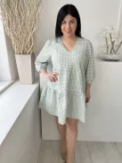 (M) Menta-Fehér Kockás, V Kivágású, Fodros Aljú Ruha