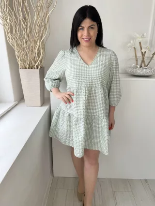 (M) Menta-Fehér Kockás, V Kivágású, Fodros Aljú Ruha