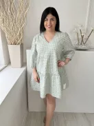 (M) Menta-Fehér Kockás, V Kivágású, Fodros Aljú Ruha