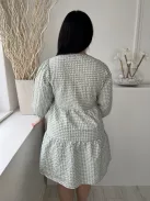 (M) Menta-Fehér Kockás, V Kivágású, Fodros Aljú Ruha