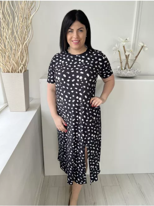 Urban Therads (M) Fekete Fehér Foltmintás, Kerek Nyakú, Oldalt Sliccelt, Rugalmas Anyagú Ruha